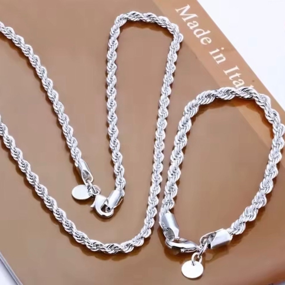 Sterling Silver Rope Chain Necklace and Bracelet Set